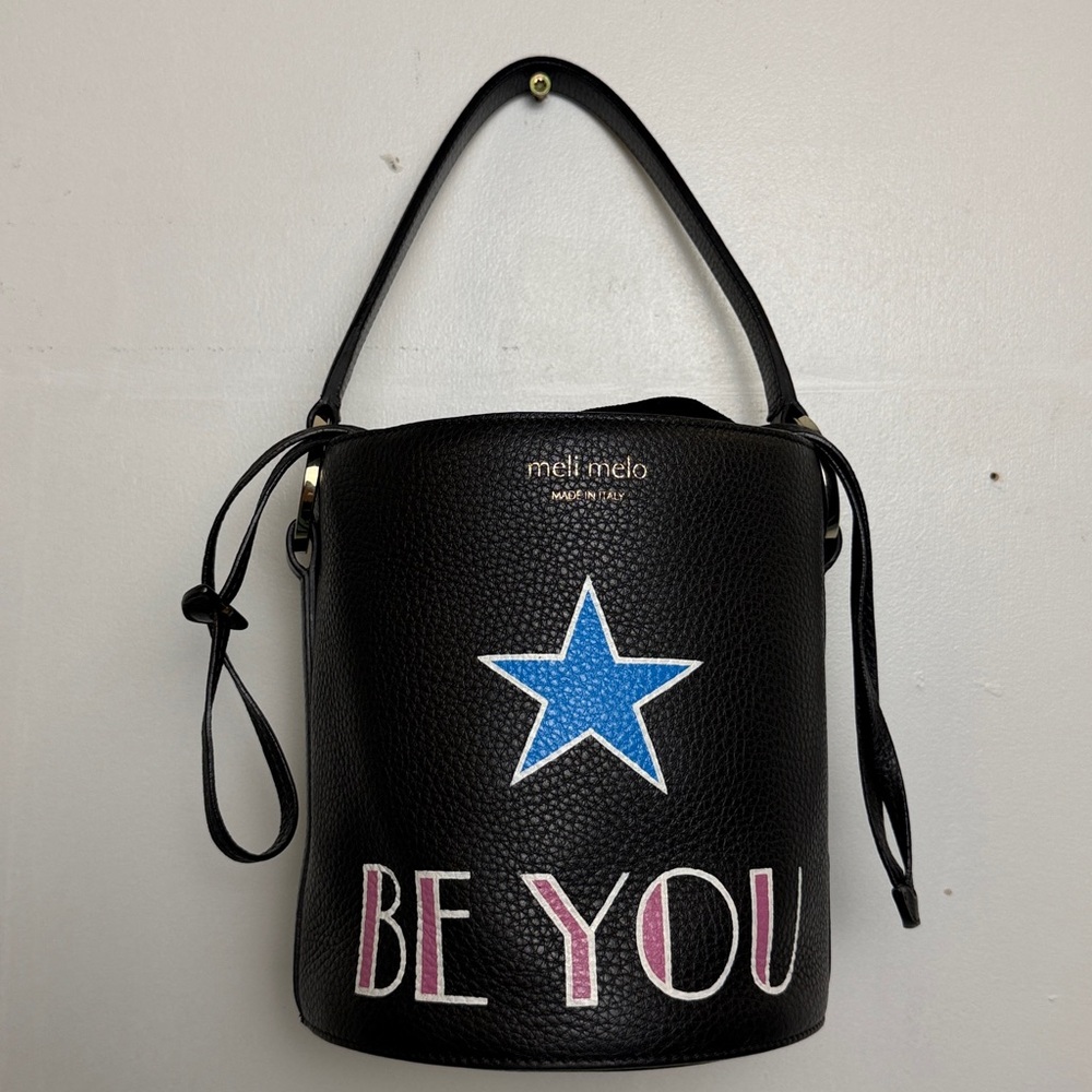 Meli Melo Black Leather Crossbody with Blue Star and Pink 'BE YOU' Lettering